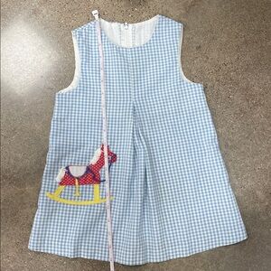 Vintage Gingham Sleeveless Dress with Rocking Horse appliqué